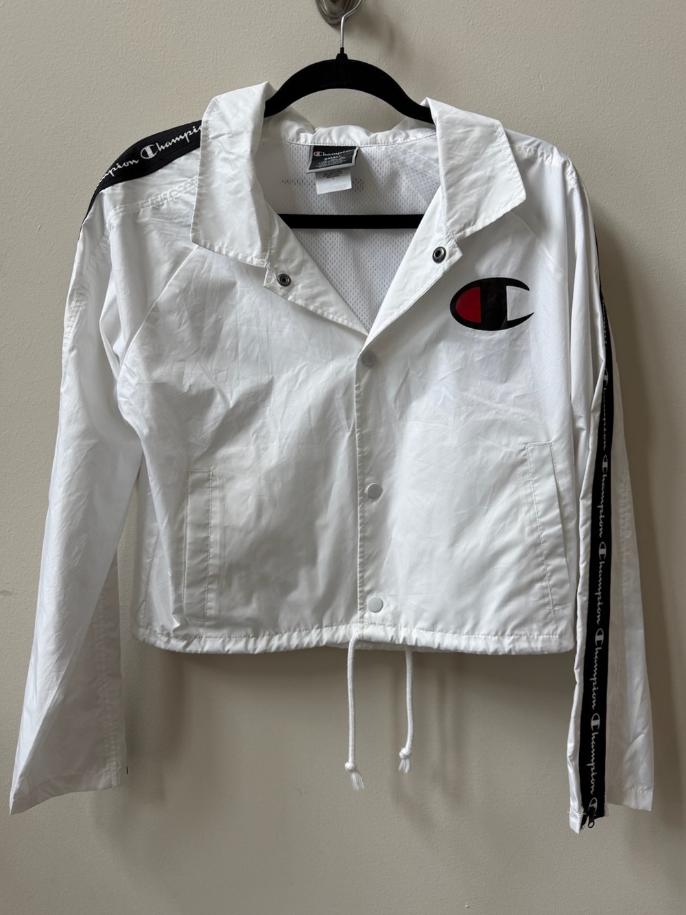 Champion White Cropped Windbreaker Jacket with Black & Red Logo